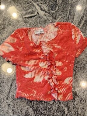 Urban Outfitters Kids Coral and Cream Ruffle-Front Short Sleeve Top